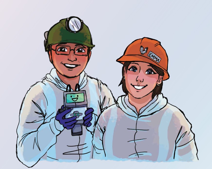 Drawing of two scientists with mars robot