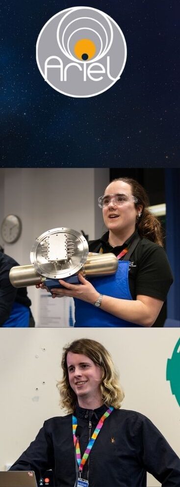A poster of the night sky with large blue and yellow font that says Hands-on family fun! There is a picture of the event speakers and some of the equipment they work on.