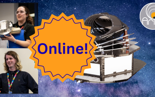 Laura and Ryan on a galaxy background with Ariel and the Ariel logo. Covered by an orange badge that says 'Online!'