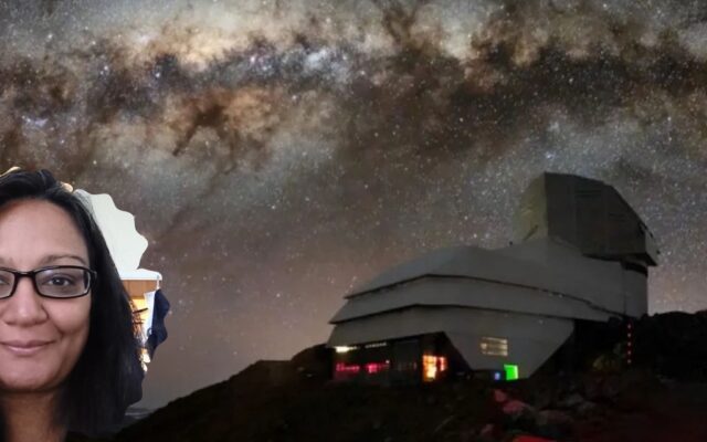 A photograph of the Vera C. Rubin observatory against a night sky backdrop, with a photo of the event speaker in the lefthand corner.