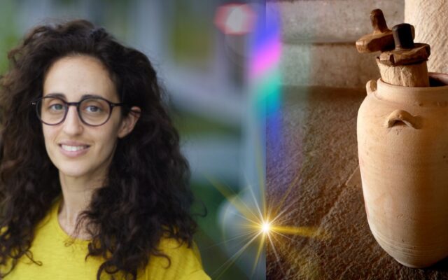 A portrait of Sara Mosca next to a terracotta urn