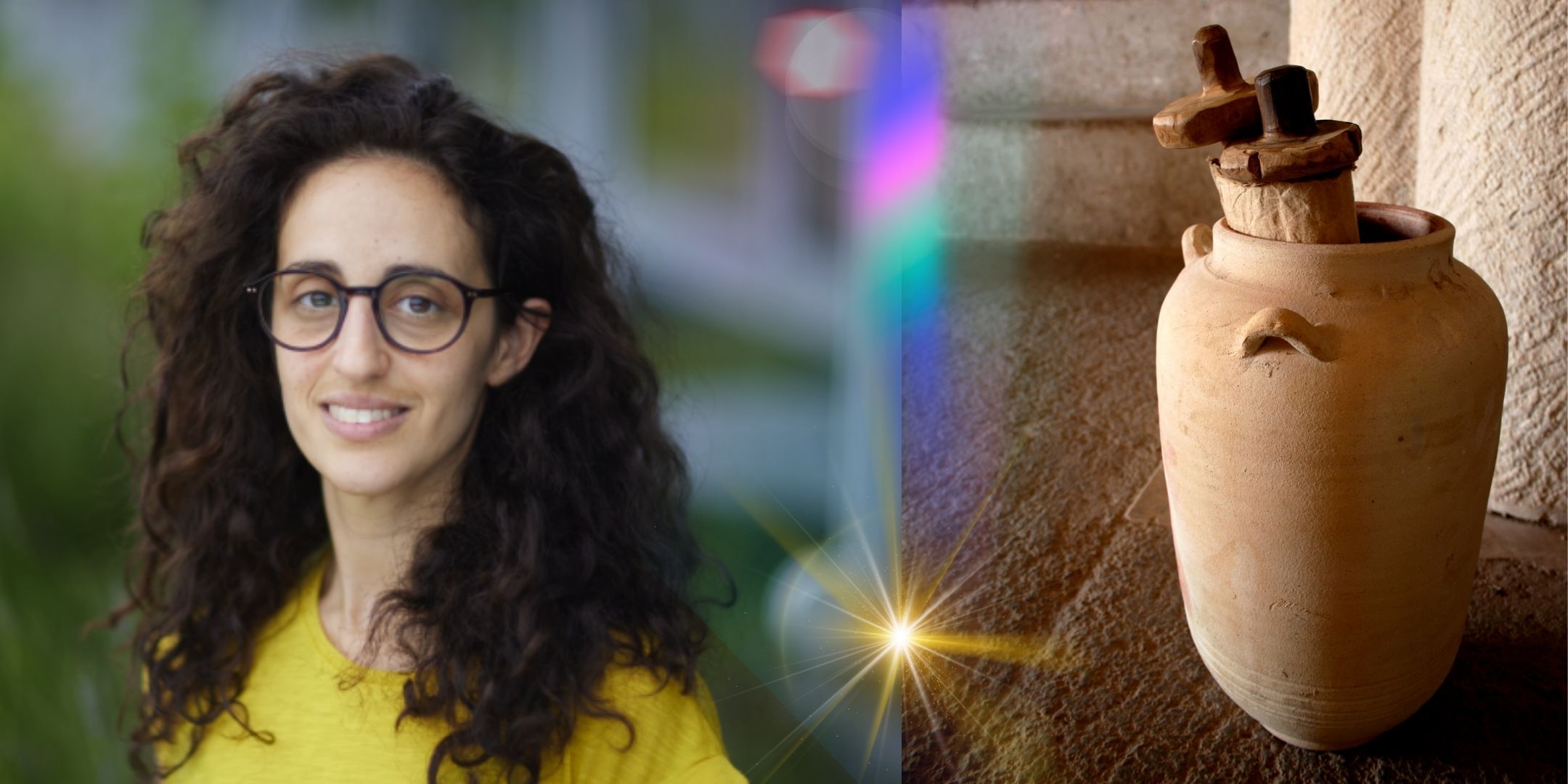 A portrait of Sara Mosca next to a terracotta urn