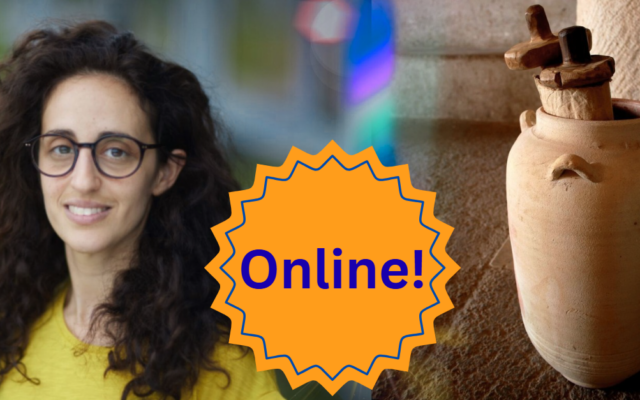 Sara Mosca beside a terracotta urn. An orange badge in the centre reads; Online!